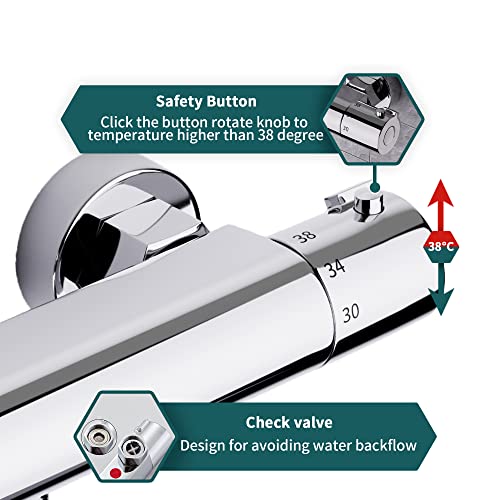 MORADO Thermostatic Shower Mixer, Thermostatic Bath Shower Mixer, Shower Taps, Mixer Shower Bar with Anti-Scald Control Valve, Chrome, Brass