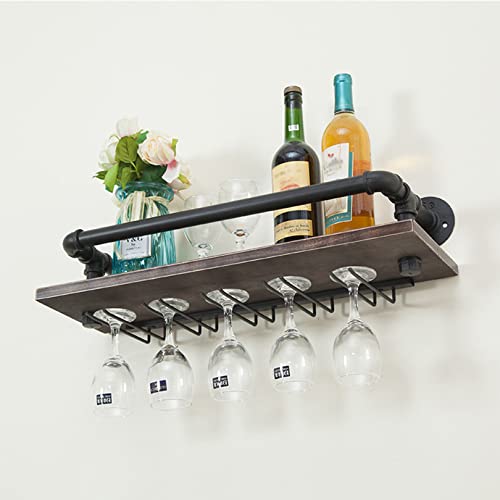 Industrial Wine Rack Wall Mounted with Wine Stemware Rack Vintage Rustic Wine Bottle Glass Holder - Holds 5 Glasses and 5 Wine Bottles - 23.6 * 7