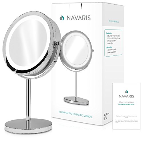 Navaris LED Illuminated Makeup Mirror - Two-Sided Vanity Mirror with Normal and 5x Magnification - 2-in-1 360° Swivel Cosmetics Mirror - Silver