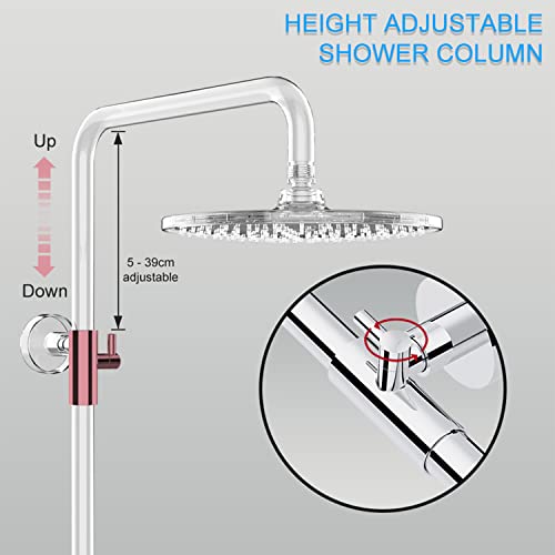 Rainsworth Thermostatic Shower Mixer Set, Height Adjustable Mixer Shower System with 25cm Round Overhead Rainfall Shower and High Pressure 3 Jets
