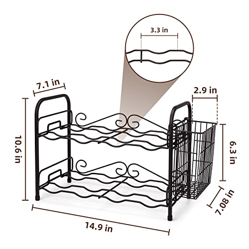 OBloved Metal 2 Tier Countertop Wine Rack with Storage Basket, Wine Cabinet Counter Wine Rack Holder and Storage Wine Rack Stackable-Hold 8 Bottl