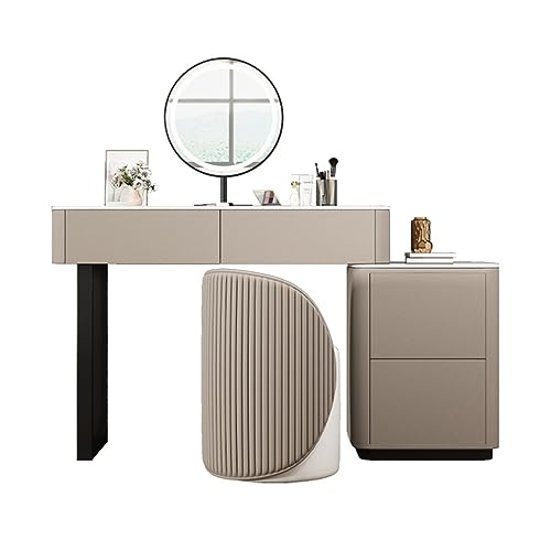 HAWEWE Modern Makeup Vanity Set With Side Cabinet, Round Lighted Mirror And PU Leather Stool Dressing Table For Girls Wife Daughter Bedroom (Colo