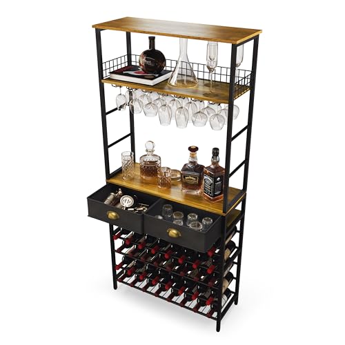Alcaricio Liquor and Wine Rack Bar Cabinet with Two Storage Drawers for Small Cups and Bartending Utensils, Capacity for More Than 40 Bottles, Gl