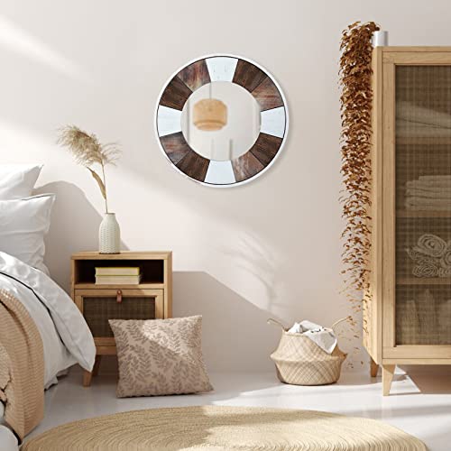 JJUUYOU Round Wall Mirror 19" Wooden Circular Mirror for Bathroom, Rustic Brown Vanity Mirror Wall Decor Wood Frame Make up Mirror for Living Roo