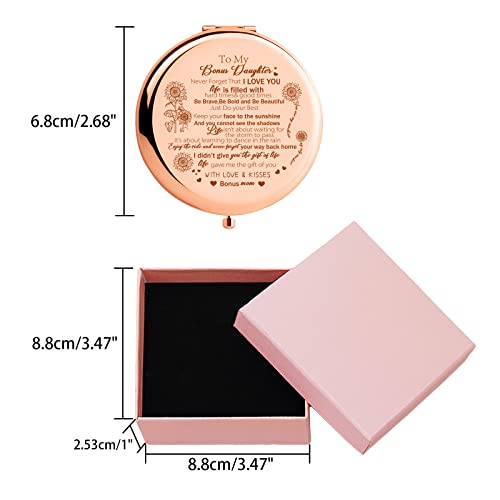 ORIGACH Bonus Daughter Gifts - To My Bonus Daughter Rose Gold Magnifying Makeup Compact Mirror with Gift Box, 1X/2X Magnification - Birthday Gift