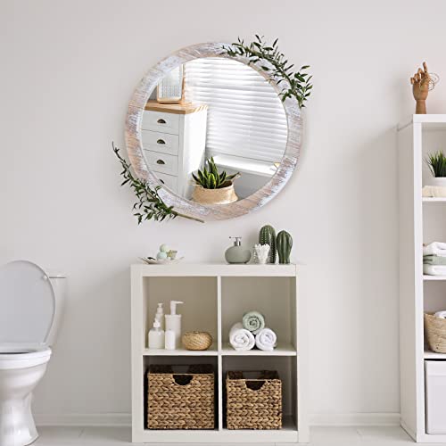 JJUUYOU Rustic Circle Wall Mirror 50CM for Home Decor Rustic White Round Mirror for Bathroom Wall decor Wood Frame Mirror for Living Room, Bedroo