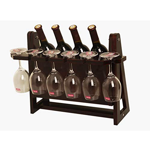 Yalych Countertop Triangle Shape Bamboo Wood Wine Rack - Table Top Wine Bottle Storage Slots for 4 Bottles 6 Wine Glass Rack Hanging Cup Holder -