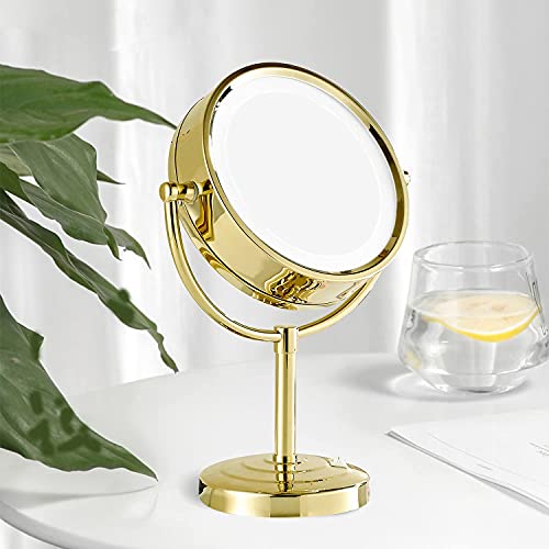 DOWRY Magnifying Mirror with LED Lights 10x Gold Illuminated Shaving Mirror Free Standing Mirror for Dressing Table 360 ° Rotatable Double Sided