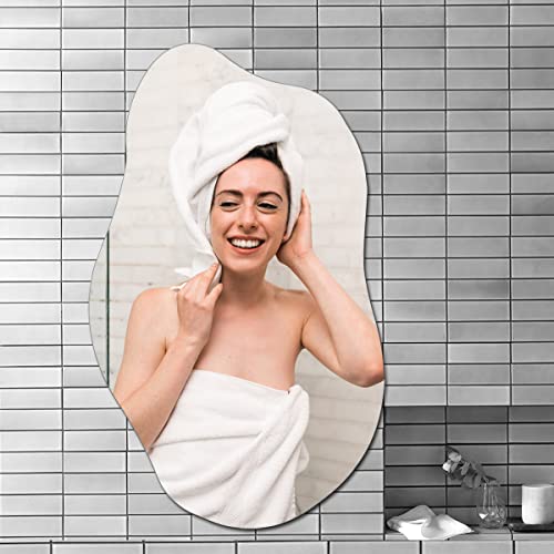 WOOD WORTH Irregular Mirror Wall Decor 19.7 x 33.5 Inch,Frameless Vanity Mirrors for Living Room Bedroom Home Office