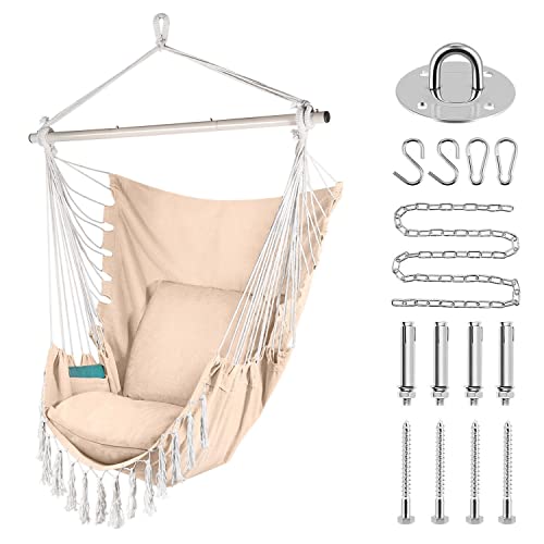 Flexzion Hammock Chair Swing, Hanging Swing Seat for Bedroom, Porch, Backyard, Garden, Indoor, Outdoor Hammock Chair with 2 Cushion Seats, 2 Insi