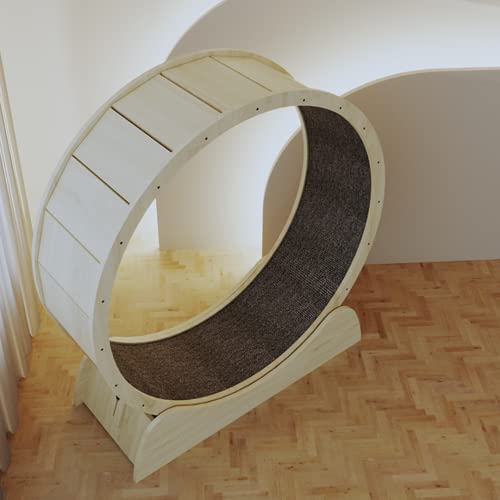Cat Running Wheel, Cat Exercise Wheel Treadmill with Carpeted Runway, Fitness Weight Loss Device, Natural Wood Color (S)