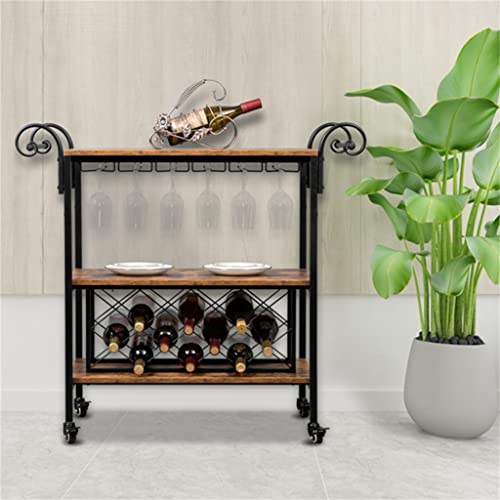 DSHGDJF 2-Layer Double-Armrest Diamond Wine Bottle Rack 1.5mm Thick Fire Pattern Density Board Movable Iron Wood Wine Cart