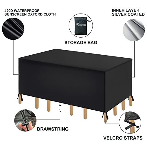 Kaucytue Garden Furniture Cover, 315×160×74CM Heavy Duty 420D Silver Coated Polyester Oxford Fabric Rectangular Outdoor Patio Table Cover UV Prot