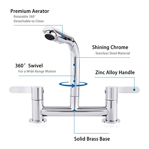 Kitchen Mixer Tap 2 Hole with 360° Aerator, Swivel Sink Bridge Taps Monobloc Dual Lever Faucet, 180mm Centres Deck Mounted with G1/2 Hose UK Stan
