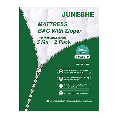 JUNESHE 2 Pack Zippered Queen Mattress Bags for Moving and Storage-3 Mil Mattress Moving Bags-Waterproof Mattress Protectors,82x62x14 inches