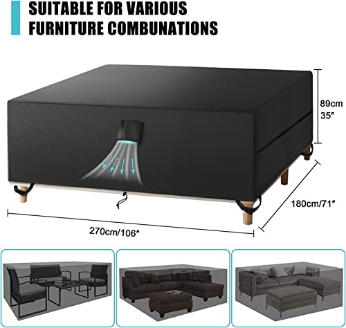 SIRUITON Garden Furniture Cover, Patio Garden Table Cover with Air Vent Waterproof, Windproof, Anti-UV, Heavy Duty 420D Oxford Fabric, Rectangula
