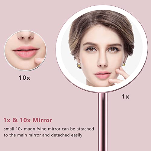 Kostlich Lighted Makeup Mirror with 3 Light Settings, Rechargeable Vanity Mirror with 10x Magnification Pocket Mirror - Magnetic Detachable Alumi