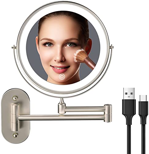 FUNTOUCH Rechargeable Makeup Vanity Mirror with Light, Wall Mounted Double Sided 1X 10X Magnifying Bathroom Mirror, 3 Color Dimmable Lighting, Ex
