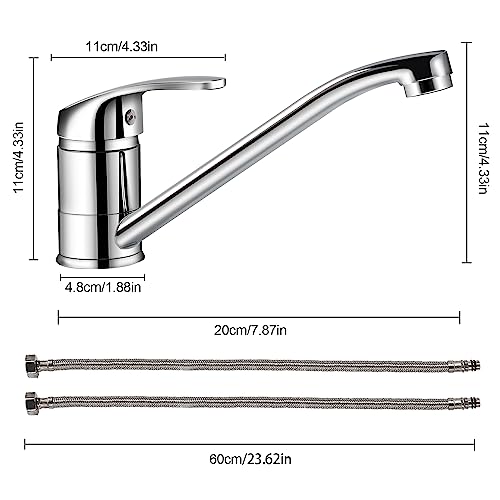 Kitchen Sink Mixer Tap, Single Top Lever Swivel Long Spout Monobloc Hot and Cold Water Kitchen Faucet Chrome Kitchen Tap with 2 Hoses