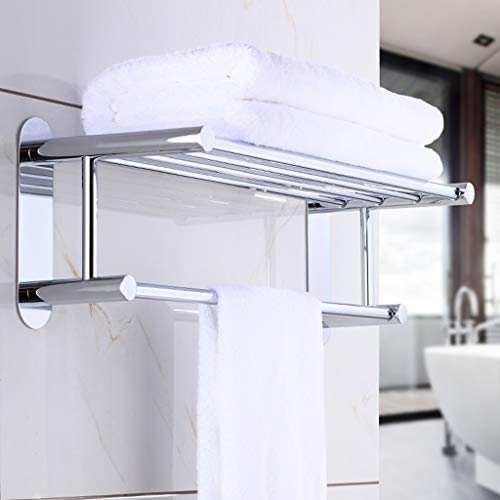 N/A Stainless Steel Towel Racks with Shelf, Bathroom Shelf with Towel Bar Rod for Wall Mount, Multifunction Double Towel Holder Hotel Style