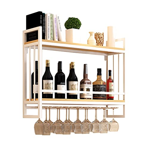 KEppd Industrial Wine Racks Wall Mounted with Glass Holder, Metal Hanging Wine Holder Wine Accessories, 2-Tiers Wall Mount Bottle Holder Glass Ra