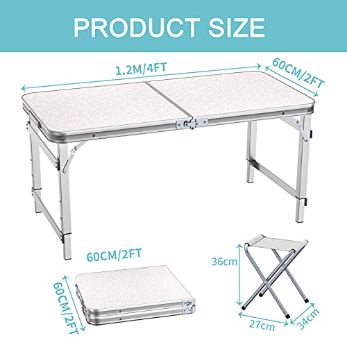 Ostazt Folding Table 4ft with 4 chairs Camping Buffet Table Portable Adjustable Height Garden Desk for Party Picnic Dinner Kitchen