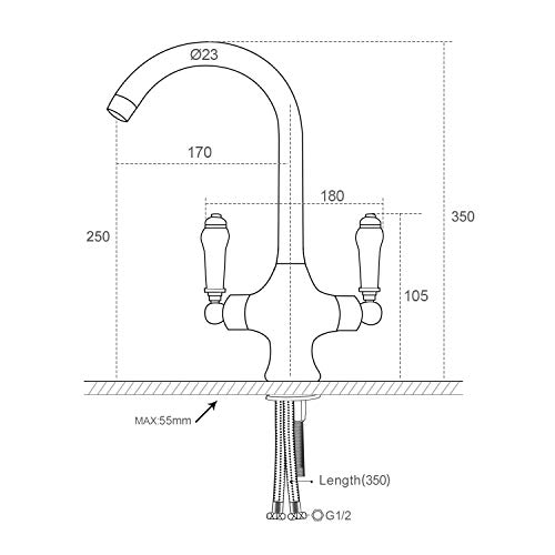 Funime Traditional Kitchen Sink Mixer Tap Elegant Ceramic Dual Lever Monobloc Swivel Spout Chrome, Classic