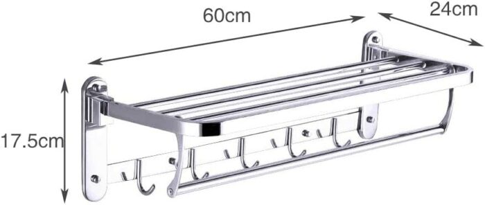 2-Tier Towel Rail Bath Towel Rack with Hooks 304 Stainless Steel Wall Mounted Towel Holder Towel Bar Rail, for Kitchen Bathroom Toilet Hotel Offi