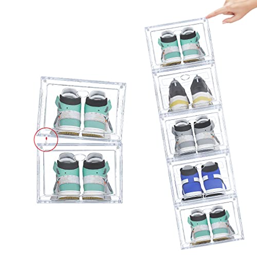 OMOPIN Clear Plastic Shoe Boxes Stackable, 10 Pack Drop Front Shoe Box, Shoe Storage Box, Sneaker Storage Shoe Containers for Size 12 (Clear 10pa