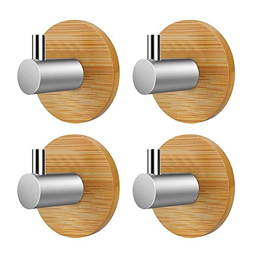 VOANZO 4PCS bamboo towel rail Wooden Stainless Steel Towel Holder Self-Adhesive Towel Hooks for Bathroom Kitchen Living Room Office