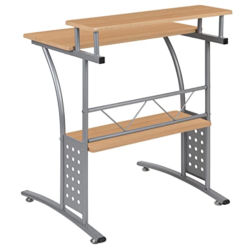 Flash Furniture Computer Desk with Top and Lower Storage Shelves, Metal, Maple, Set of 1