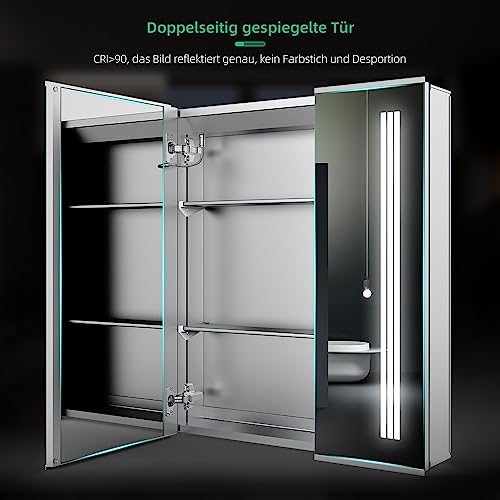 LUMIRRORS® LED Bathroom Mirror Cabinet 60x70cm with Shaver Socket Dimmable Brightness Touch-Switch Anti-fog 2-door Adjustable Shelves IP44 Illumi