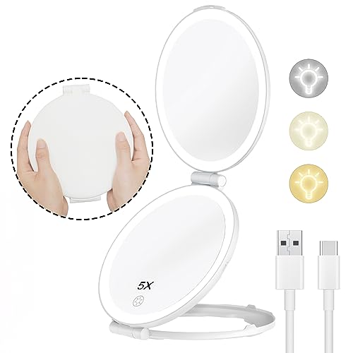 FUNTOUCH Rechargeable Makeup Mirror with Lights, Lighted Makeup Beauty Mirror with 1X/5X Magnification, 3 Colour Lighting, Dimmable Touch Screen