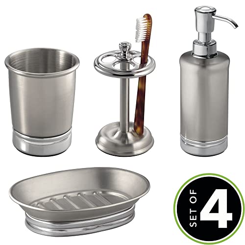 mDesign Set of 4 Stainless Steel Bathroom Accessories - Bathroom Set Including a Soap Dispenser, Soap Dish, Bathroom Tumbler and Toothbrush Holde