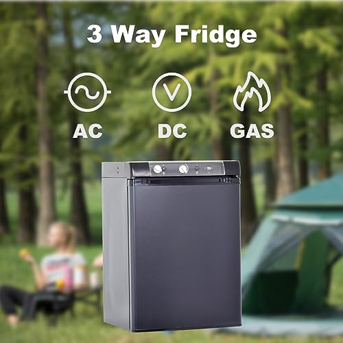 Techomey 3 Way Fridge Camping, Gas Fridge Camping Fridge 12V 240V, 60L Caravan Fridge Camping for Motorhome, Truck, Outdoor, Silent, Black