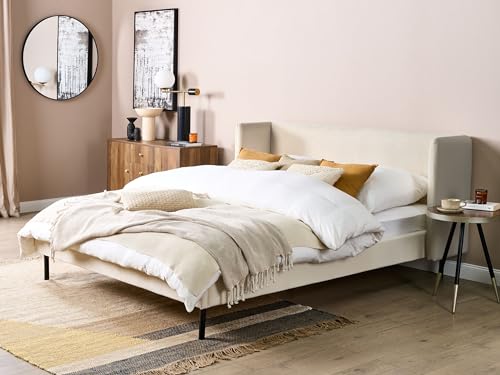 Minimalist Modern EU King Size Velvet Bed Frame 5ft3 Wingback Headboard Black Stable Legs Bedroom Light Beige Arette