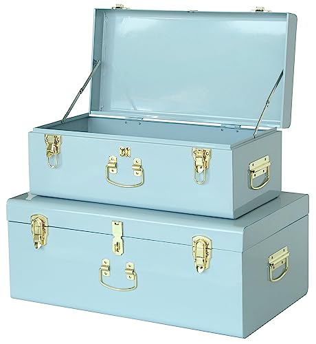 Vixdonos Metal Trunk Decorative Storage Box Set of 2 College Dorm Chest with Handle (Light Blue)