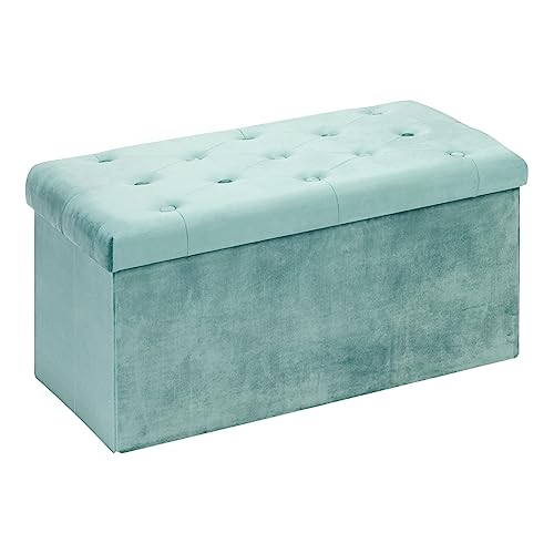 Bonlife Folding Teal Velvet Ottoman Storage Cube,Footrest Stool Seat,Toy Chest Storage Box with Lid,Footstool for Living Room,40x40x40cm