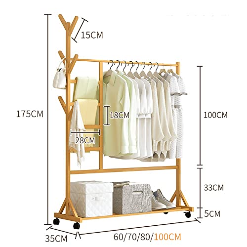 Clothes rack on wheels, bamboo coat rack, clothes rack with clothes rail and tree-shaped hooks, clothes rack with shelves, bamboo clothes rack fo