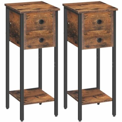HOOBRO Narrow Bedside Table, Small Bedside Table Set of 2, Telephone Table with 2 Drawers, Slim Side Table with Metal Frame, Tall Nightstand with