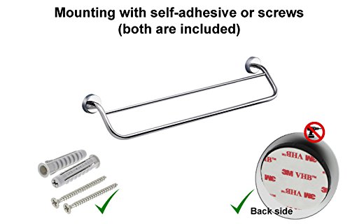 Kapitan Double Towel Bar Rail - Stainless Steel - 60 cm / 23.6 inches 3M Self Adhesive OR Screws Mounting, Polished Finish, Made in EU, 20 Years
