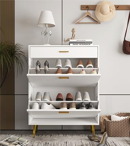 KUMIUNION Shoe Cabinet, Free Standing Shoe Rack Organizer with 2 Flip Drawers & Top Drawer, Modern Slim Narrow Shoe Storage with Metal Legs for E