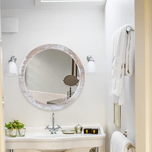 JJUUYOU Rustic Circle Wall Mirror 50CM for Home Decor Rustic White Round Mirror for Bathroom Wall decor Wood Frame Mirror for Living Room, Bedroo