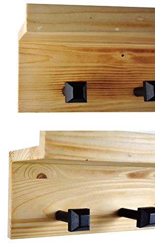 Spiretro Set of 2 Wall Mounted Torched Wood Floating Shelves & Ledge, Coat Hat Rack with Black Metal Pegs Hook to Organizer, Storage, Decorative