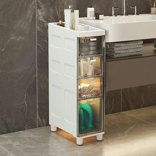 Slim Bathroom Cabinet Storage, Large Capacity Slim Toilet Paper Storage Cabinet with Clear Plastic Drawers Casters Narrow Tall Slim Floor Cabinet