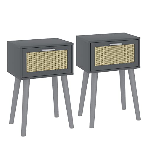 LAATOOREE Nightstand Set of 2, Small End Table with Rattan Door, Bedside Table with Solid Wood Feet, Boho Side Table for Bedroom Living Room Smal
