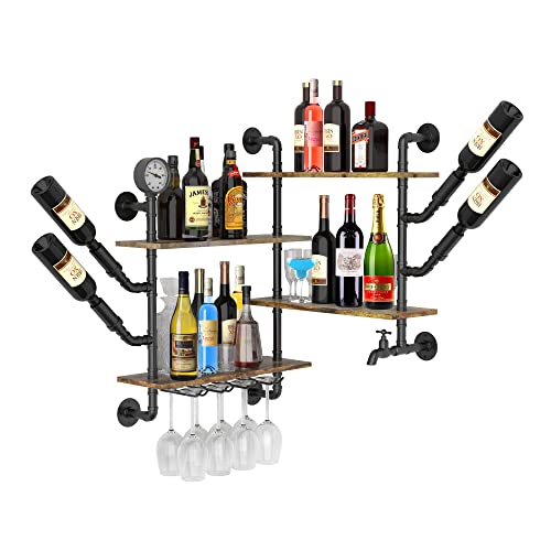 Nisorpa Wood Wine Rack Wall Mounted, Wine Glass Holder 4 Layers Corner Wine Rack Floating Bar Shelves Wine Shelf Liquor Shelf Hanging Wine Glass