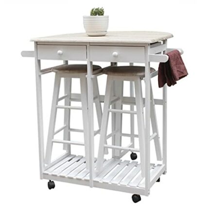 ZCMEB Dining Room Kitchen Foldable Wooden Handle Semicircle Dining Cart With Round Stool White