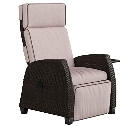 Grand patio Recliner PE Wicker, Adjustable Position Height Armchair with Flip Table and Cushion, Aluminum Frame, Lounge Chair for Indoor, Outdoor