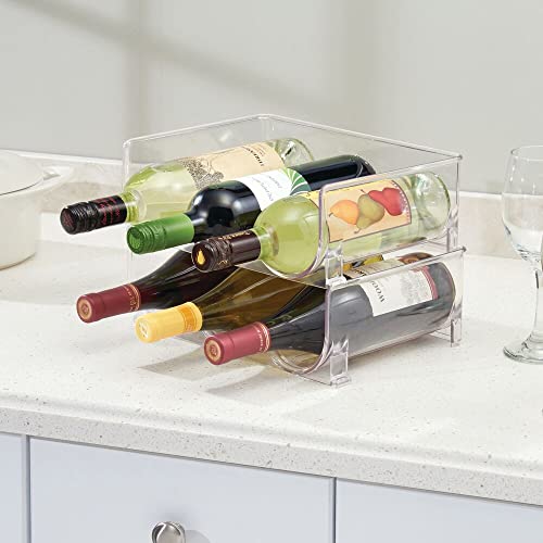 mDesign Set of 2 Stackable Wine Rack - Plastic Wine Bottle Rack - Horizontal Wine Holder Extends Wine and Cork Life - 6 Bottles Each - Clear